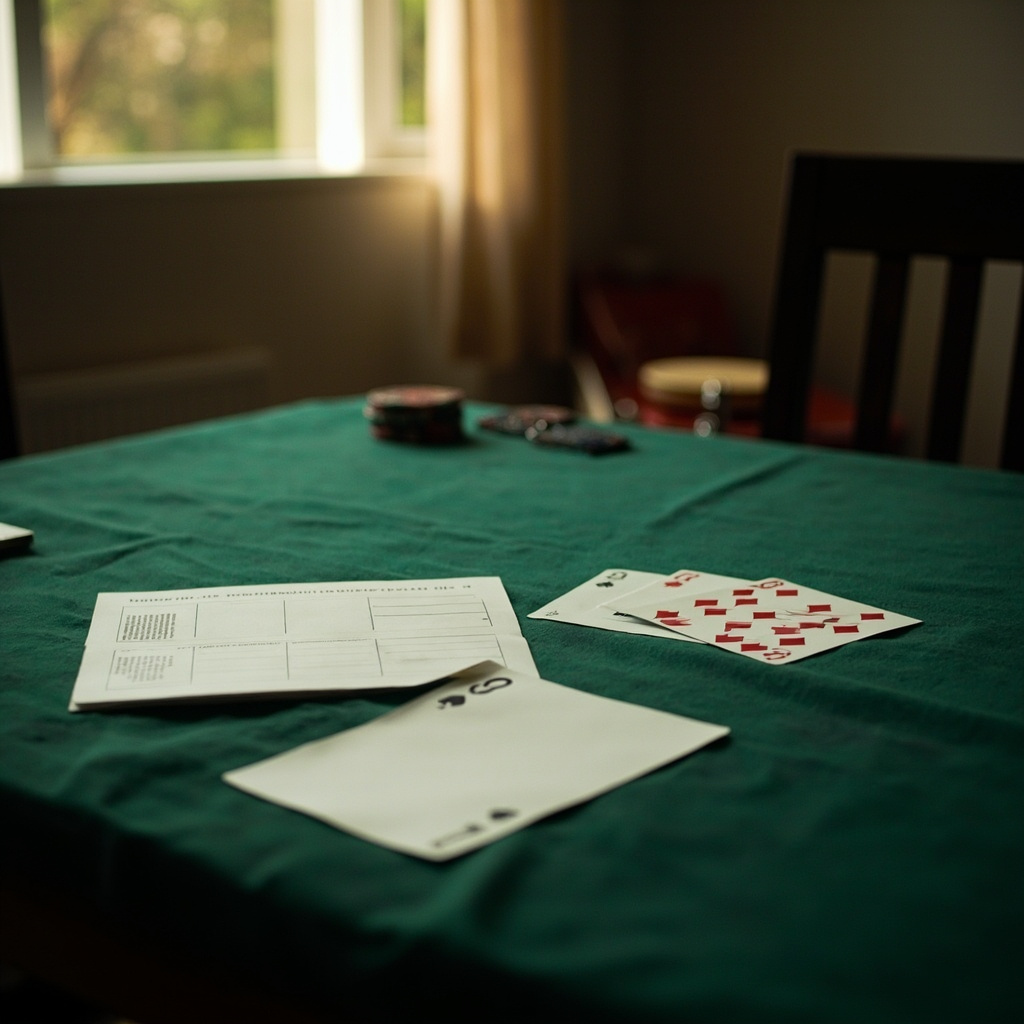 Small rummy table with a single deck and score pad arranged for a beginner setup