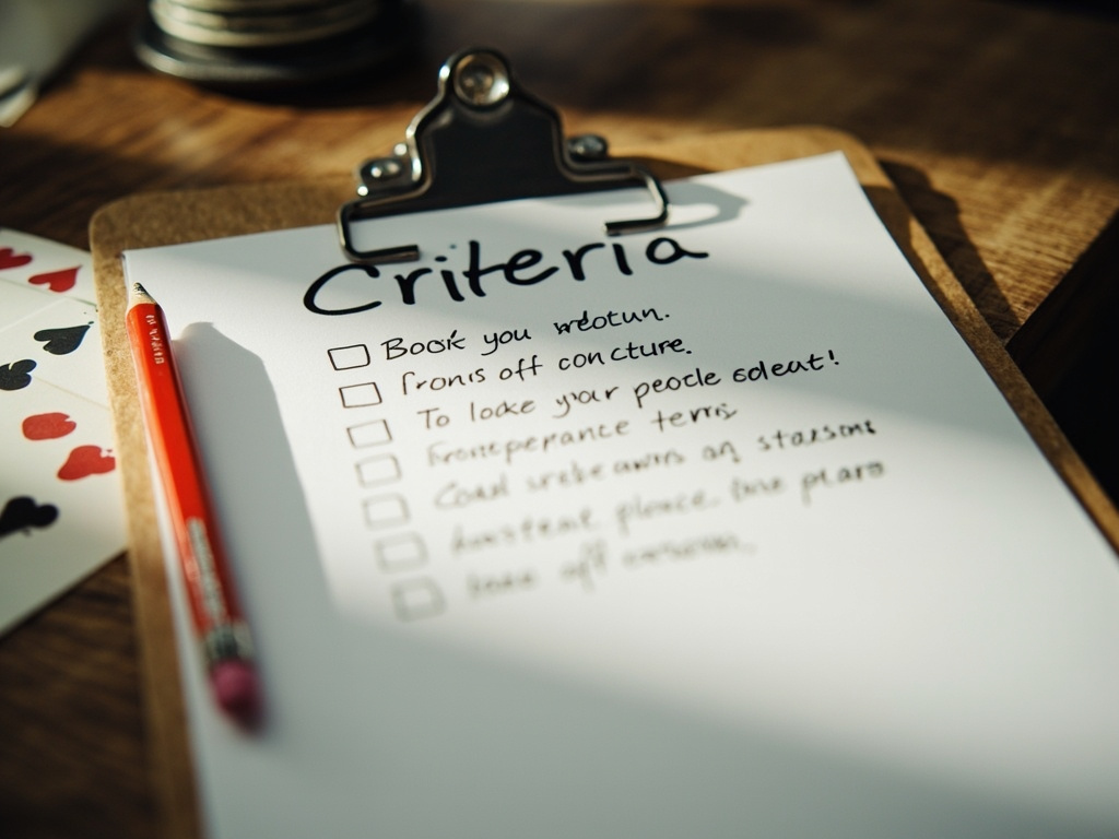 Criteria list with pencil on a small clip board beside a rummy deck