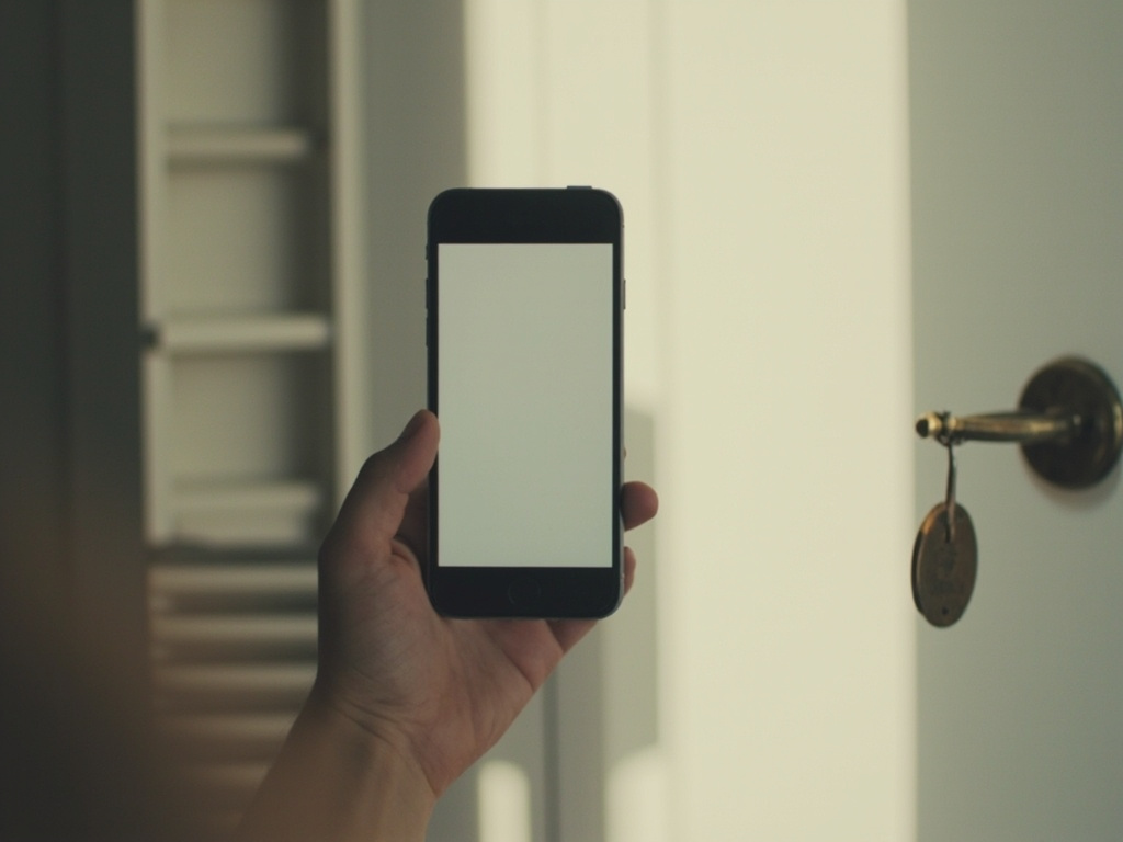 Phone screen blurred with privacy shutter beside hardware key on pale wood