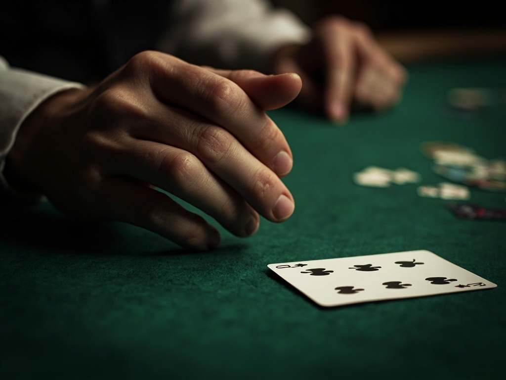 Single discarded card on felt beside a closed player hand