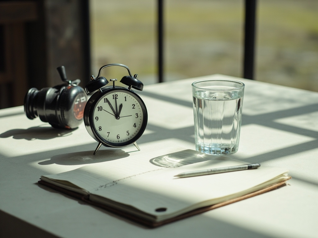 Calm table with timer, notebook and a glass of water