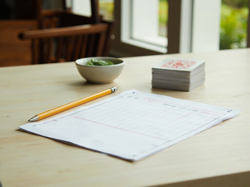 Rummy score pad with pencil, token dishes and small deck stack on pale wood