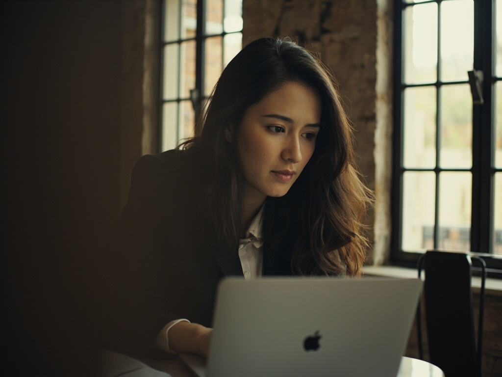 Adult at laptop with calm posture in private study space