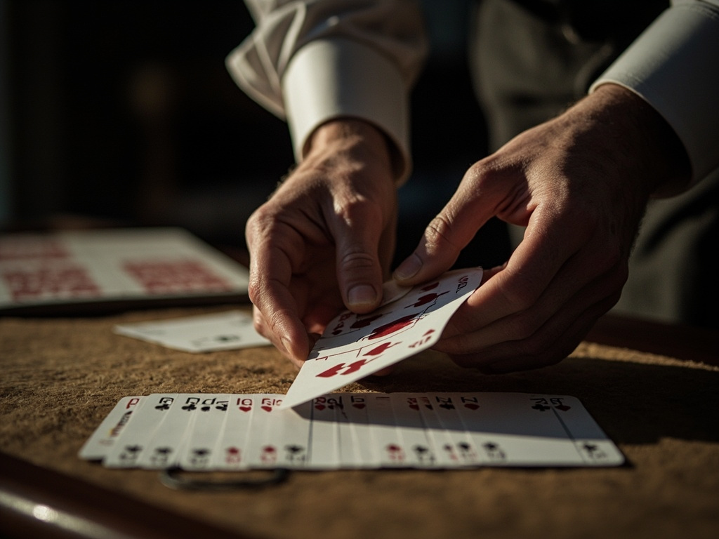 Adult hands performing a riffle shuffle of a rummy deck on felt