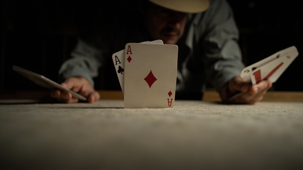 Three rummy hands open face-up on felt for table awareness study