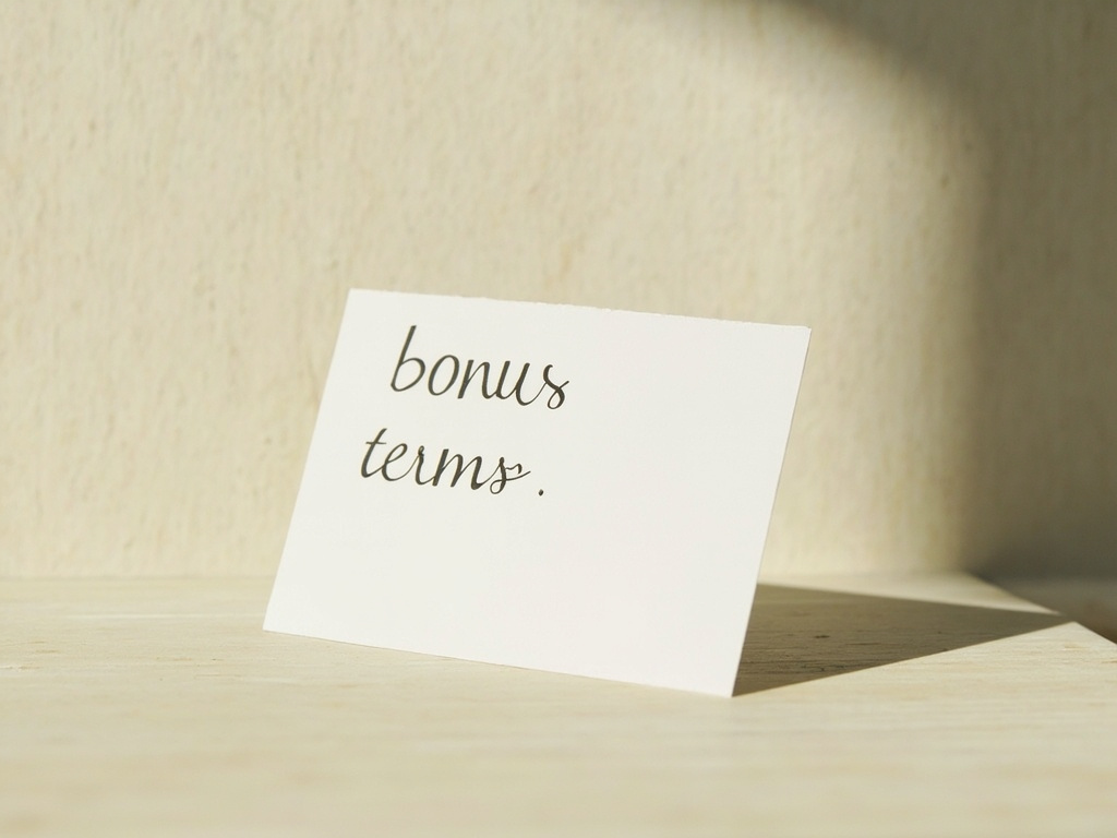 Bonus terms card on pale wood with calm note