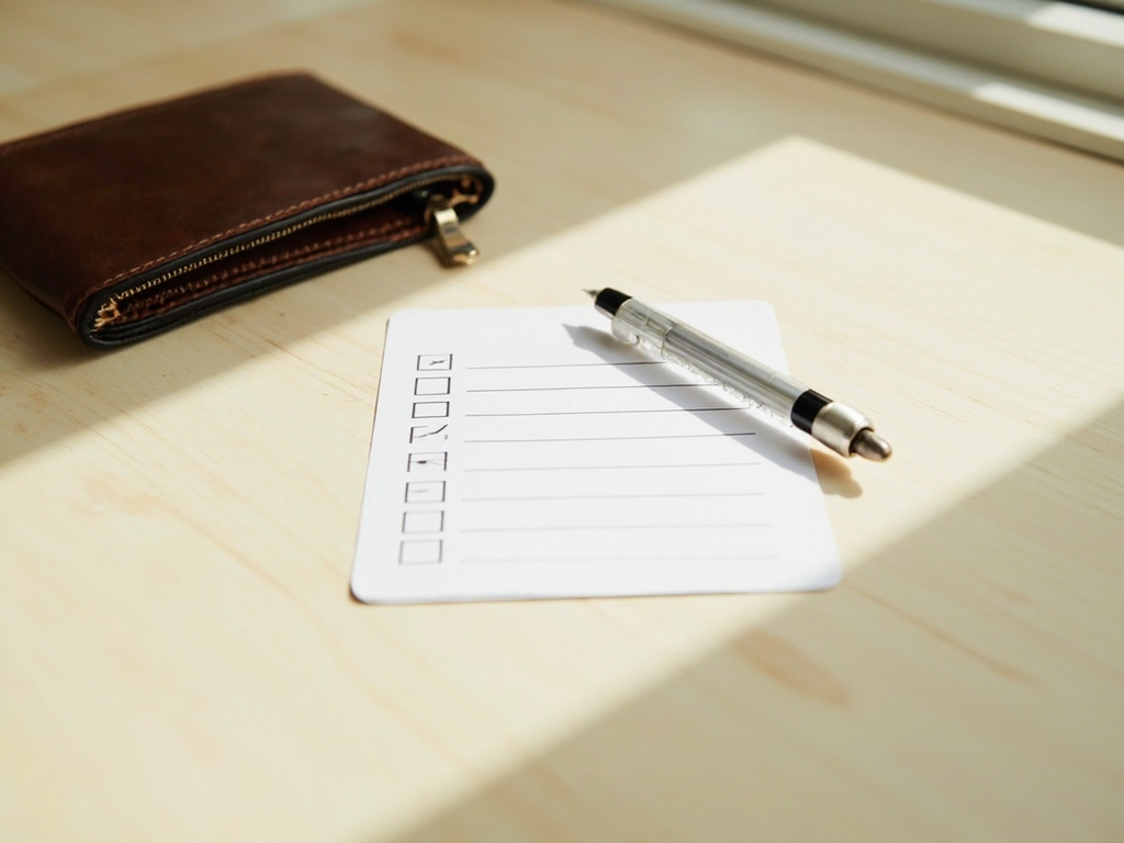 Checklist card beside wallet on pale wood