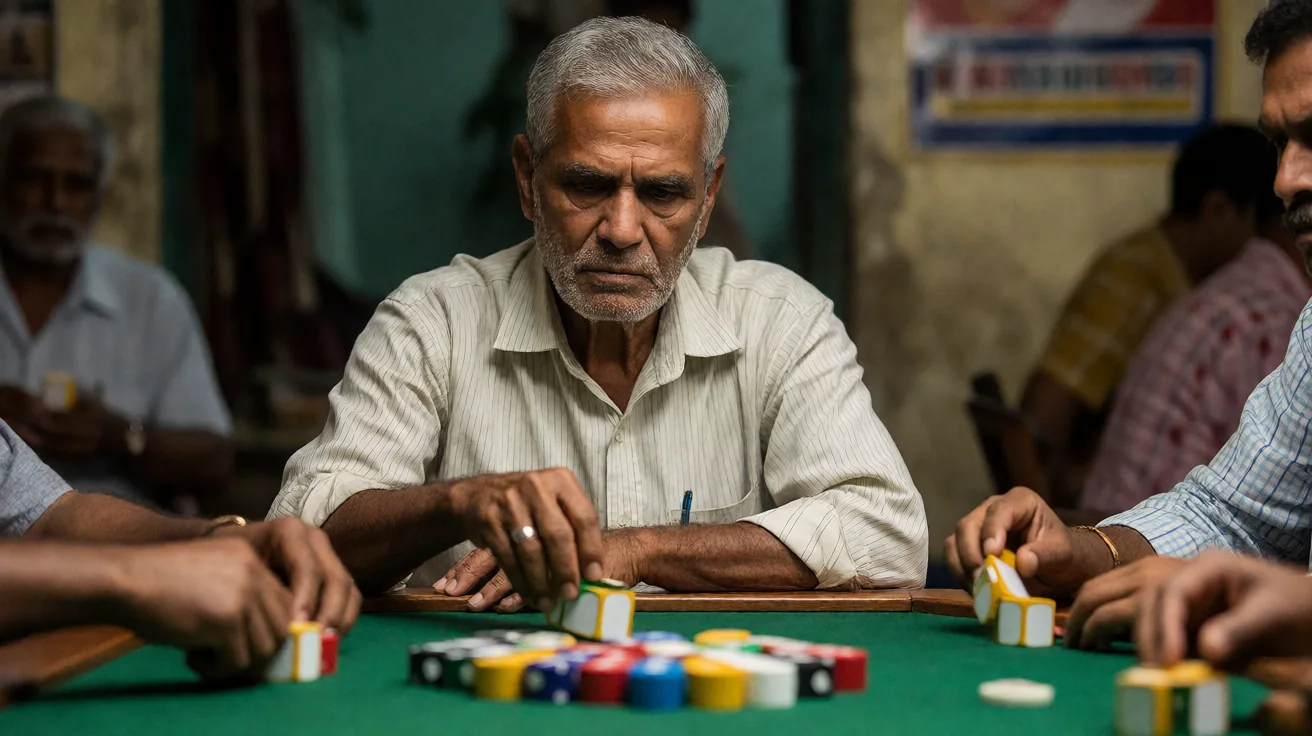 Close editorial still of a hand laying down three melds next to a Points table card